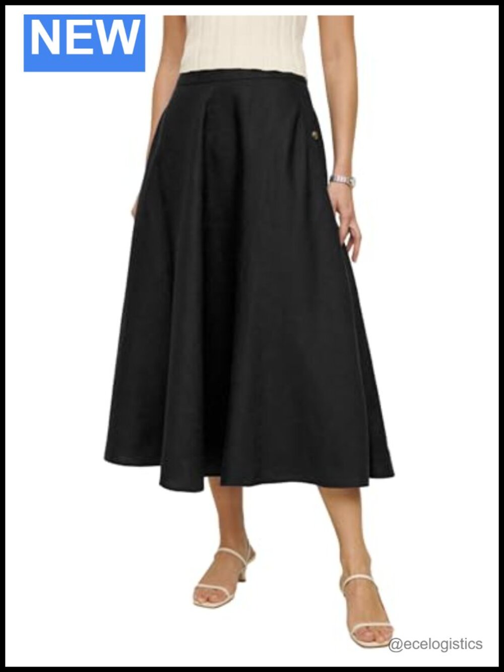 Cotton Linen A-Line Pleated Midi Skirt with Pockets - Casual Summer Women's